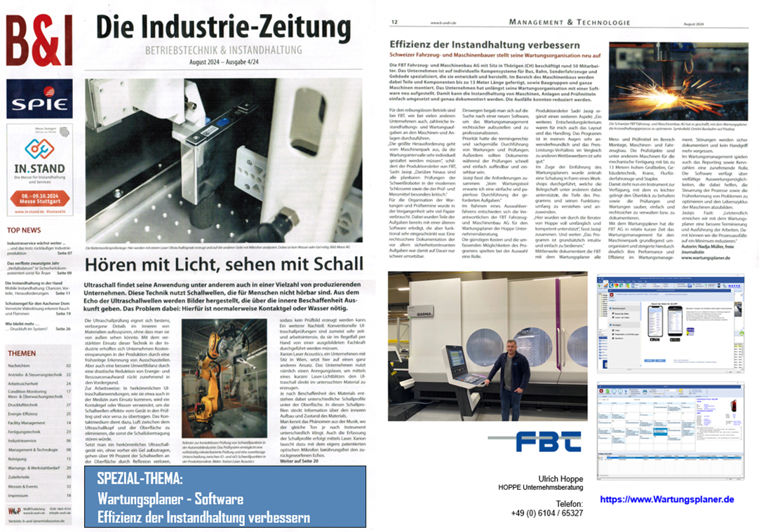 B&I Industrielle Zeitung August/24 FBT AG, Hess AG  Effizienz mit der Instandhaltungssoftware verbessern